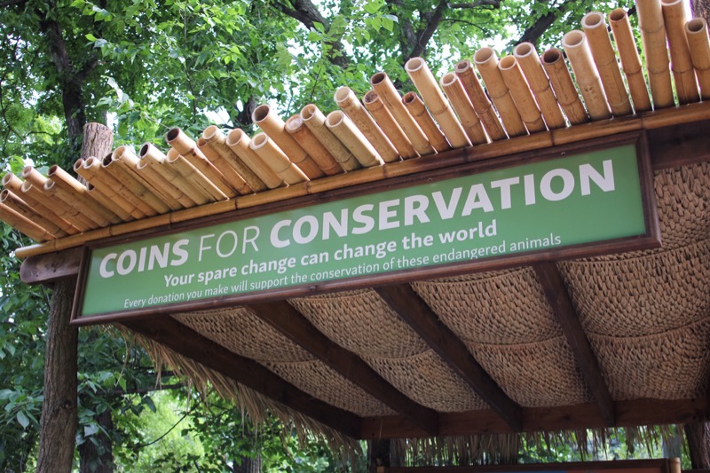 coins for conservation kiosk sign states: Coins for Conservation, Your spare change can change the world, Every donation you make will support the conservation of these endangered animals